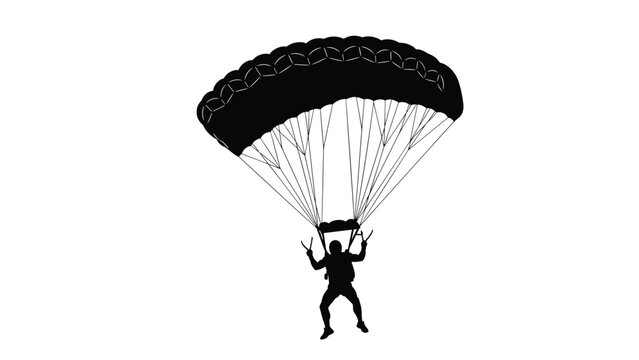 High contrast silhouette of a person descending with an open parachute against a solid white background representing skydiving.