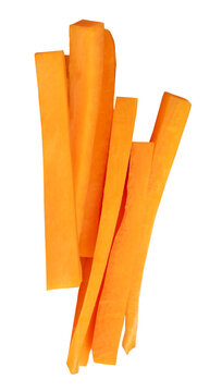 Side view of orange carrot stick slices in pile isolated with clipping path in png file format