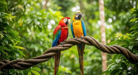 Vibrant Scarlet and Blue-and-Yellow Macaw Pair Perched Together on a Thick Jungle Branch Amidst Lush Green Foliage