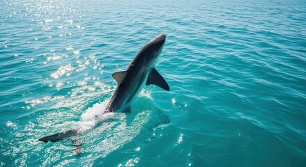 Obraz premium Powerful Great White Shark Performing a Spectacular Leap from the Bright Blue Ocean Surface