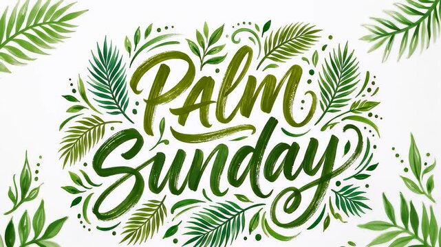 Palm sunday greeting lettering text animation projects digital christian religion faith message across abstract background, while dynamic typographic motion creates holy worship atmosphere.