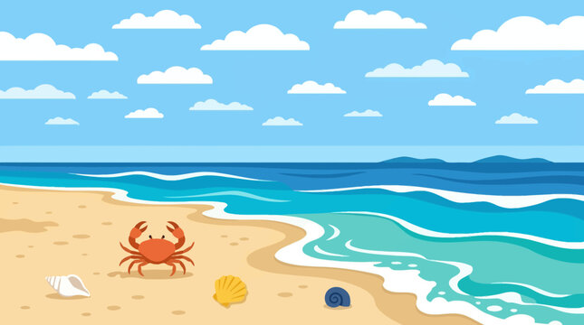 Sunny tranquil beach scene with crab, shells and rolling turquoise waves along the shore.