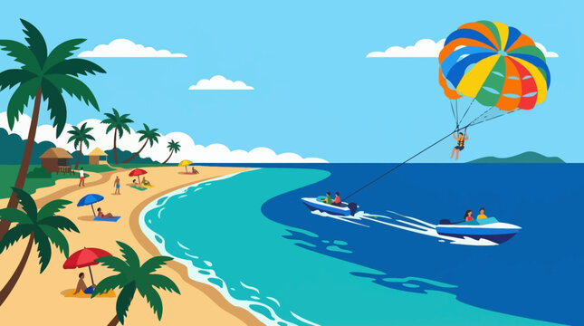 Tranquil tropical beach with palm trees, parasail, and clear blue water along a sunny coastline.