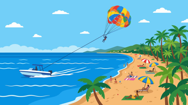 Colorful Beach Scene with Palm Trees, Sunshiny Sky, Parasol, and Parasol Parasail over a Tropical Coastline.