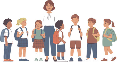 Female Teacher and Diverse Group of Elementary Students with Backpacks Standing Together for School Education Concept
