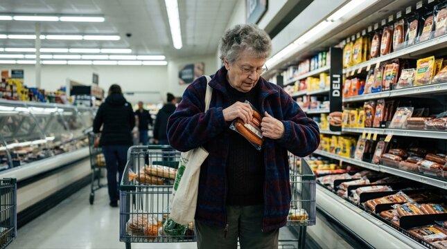 Female retiree committing petty theft of groceries in store aisle. Concept of poverty survival and economic struggle.