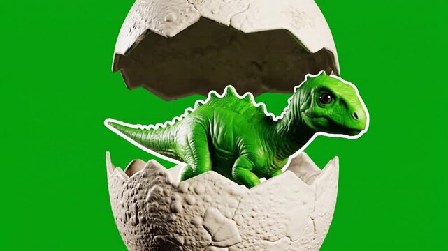 Small Green Dinosaur Hatching from an Egg on Green Background