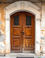 Ornate, weathered wooden door with a stone archway, set in a building with peeling paint