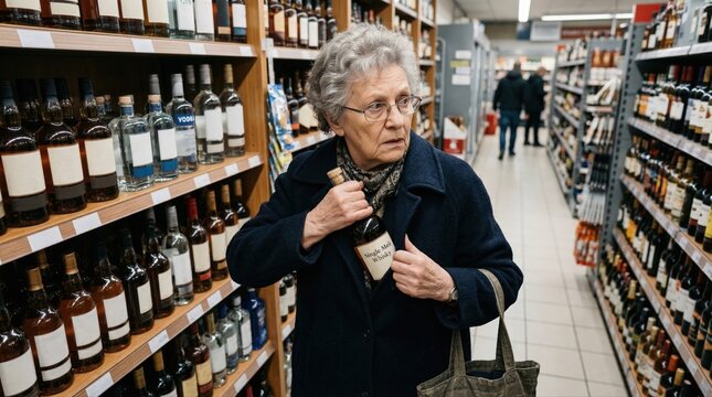 Old woman secretly hiding liquor bottle inside coat during shopping in supermarket. Concept of addiction poverty and petty crime.