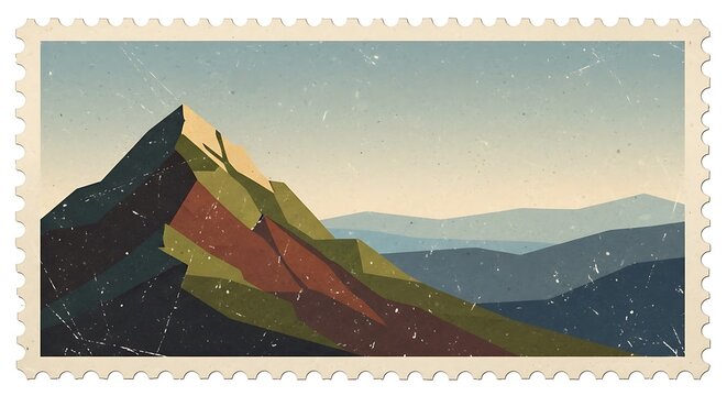 Stylized mountain landscape in muted colors in a stamp  