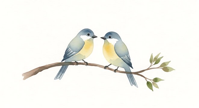 Watercolor illustration of two simple birds sitting on a single branch, facing each other, white background with slight texture. Copy space around the branch.
