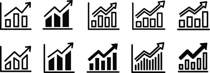 Fototapeta premium Collection of black and white graph icons with arrows indicating growth and trends