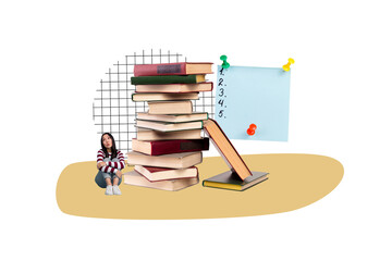 3d banner image poster photo collage of happy girl sit book stack book reader education hobby...