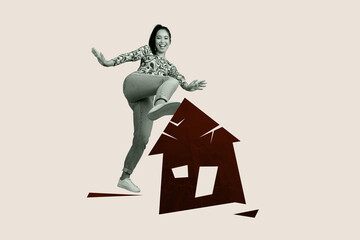 Composite sketch image design trend artwork collage of young lady leg push house roof real estate...