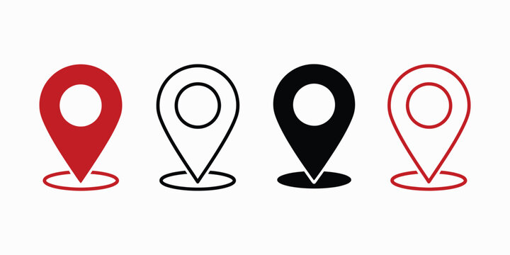 Four colorful map pin icons in red black and white on a plain background