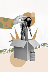 Image trendy 3d vertical artwork collage of puzzled girl peek carton box hand hold employee...