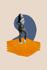 Trend artwork banner sketch 3D photo collage of young lady stand pile cheese milk product food...