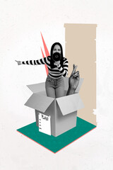 Image trendy 3d vertical artwork collage of angry girl scream megaphone strike activist hand peek...
