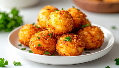 Fototapeta premium Breaded potato balls with golden crispy crust on white ceramic plate, garnished with fresh parsley. Tasty snack, comfort food
