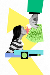 3D photo collage template trend artwork sketch of young woman flirty kiss hand hold banknote...