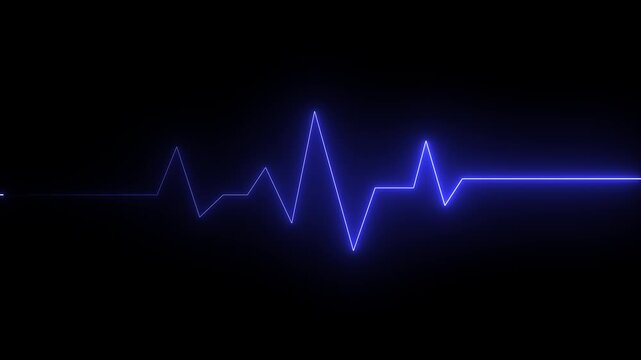 Glowing blue ECG heartbeat line on a black background, forming a minimal neon pulse waveform. The luminous electrocardiogram signal represents life, health monitoring, medical technology , 4k video