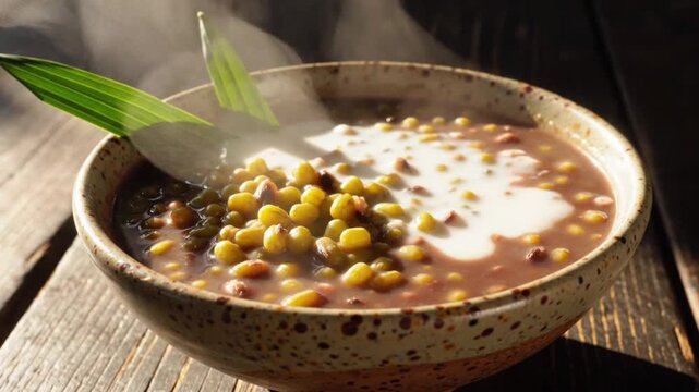 Steaming bowl of mung bean porridge.