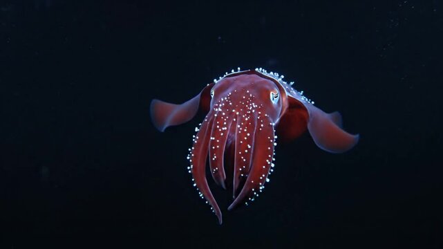 Red squid diving into dark deep sea.