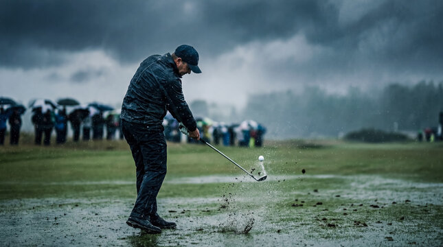 Male golfer swinging club in heavy rain splashing water dramatic moody weather tournament spectators background professional sports competition extreme conditions