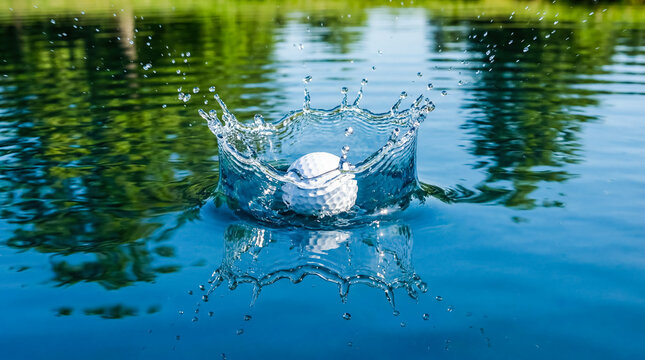 Golf ball falling into blue water hazard splashing macro photography outdoor sports mistake penalty recreation leisure game equipment failure