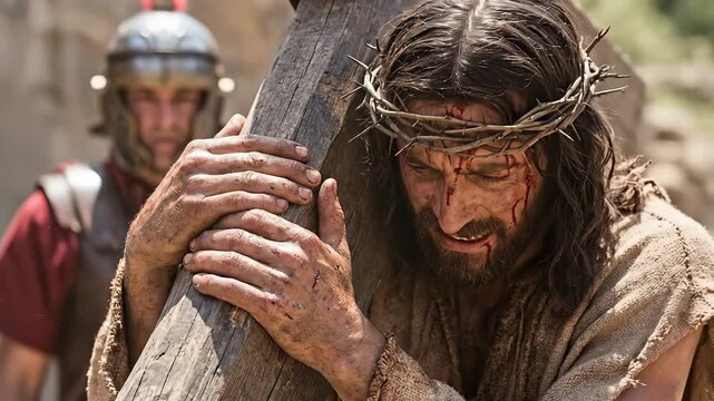 Good Friday, Jesus Christ, carrying the heavy cross, a poignant depiction of suffering and sacrifice, his arduous journey to Calvary, followed by a Roman soldier