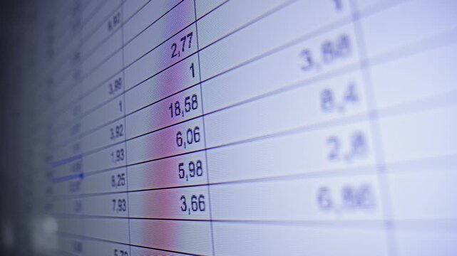 A digital spreadsheet accounting for profits and cash outflows for various stocks, an analyst reviews spreadsheets with coefficient calculations. High quality 4k footage