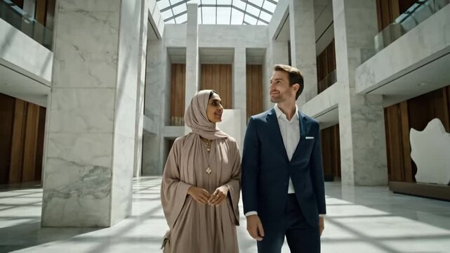 A professional man in a dark blue suit and a woman in a modest beige abaya walk through a grand, sunlit marble atrium.