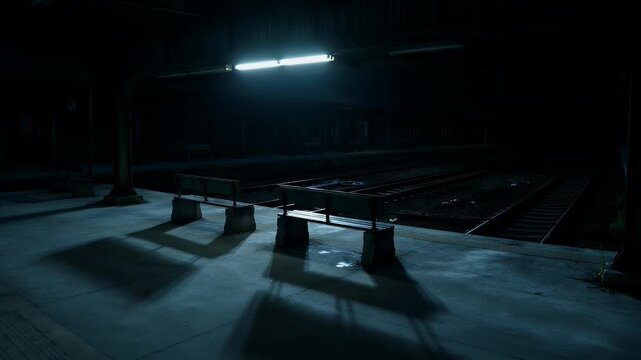 Dark train station platform at night, two benches under a fluorescent light, tracks fade into gloom