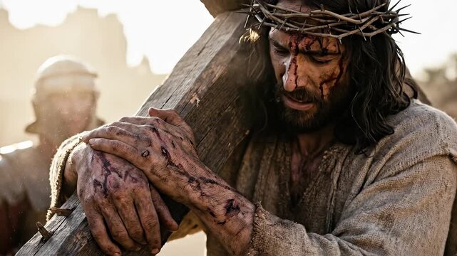 Jesus Christ carrying the heavy wooden cross, enduring immense suffering, agony on the road to Calvary, depicting the sacrifice of Good Friday, ancient biblical event