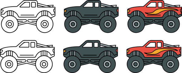 Minimalist cartoon monster truck icon set in line art, gray, and red-yellow variations arranged in two rows with side view © MD