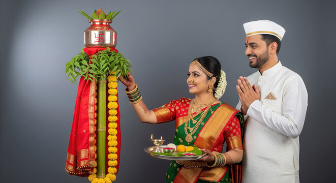 Maharashtrian Couple Celebrates Gudi Padwa Festival with Traditional Rituals