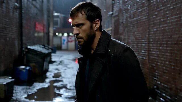 A man in a black coat stands in a narrow alley, surrounded by brick walls and dim lighting.