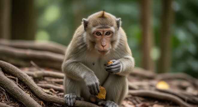 Macaque monkey sitting on a forest floor, intently eating a piece of food amongst roots and branches.