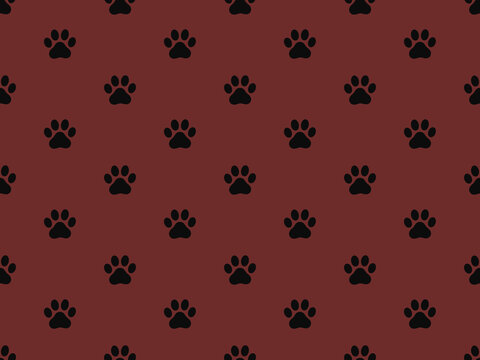Cat paw prints in simple seamless pattern on dark red background