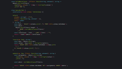 TypeScript source code on dark background. Software engineering concept showing backend database query builder logic. Programming development environment for web application project. © hiten666