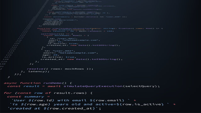Computer screen with colorful programming code. Software developer environment syntax. Scripting language lines on dark digital display for web application development and coding concept.