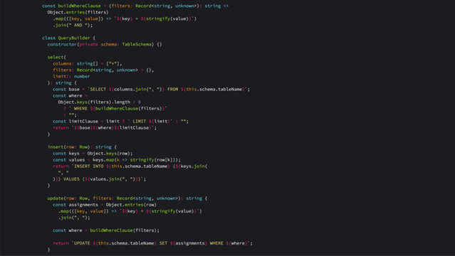 TypeScript source code on dark background. Software engineering concept showing backend database query builder logic. Programming development environment for web application project.