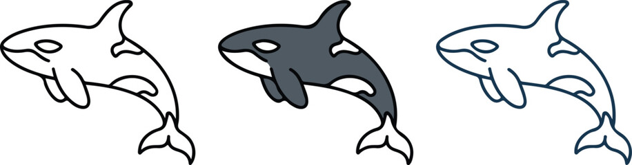 Minimalist dolphin icon set with line art, gray silhouette, and blue outline variations showing playful side profile design © MD