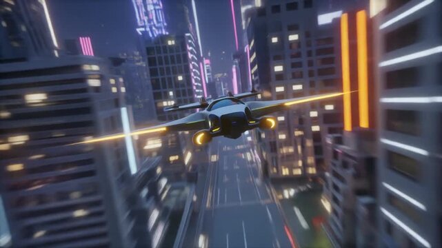 A sleek flying vehicle with glowing orange thrusters speeds through a neon-lit futuristic city at night, weaving between towering skyscrapers adorned with vibrant digital signs and motion blur effects