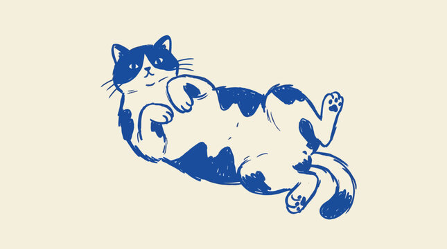 Charming naive hand-drawn illustration of a relaxed domestic cat enjoying a cozy moment of blissful idleness