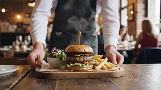 A smiling waiter in a white shirt and grey apron carries a tray with a burger and fries through a bustling restaurant with patrons dining