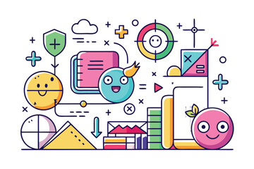 Naklejka premium Colorful modern line art illustration depicting abstract concepts with smiling cartoon characters and geometric shapes