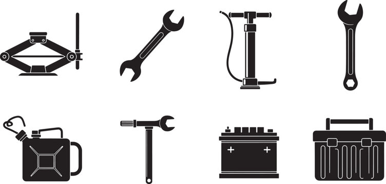 Black and white of various tools and equipment garage workshop