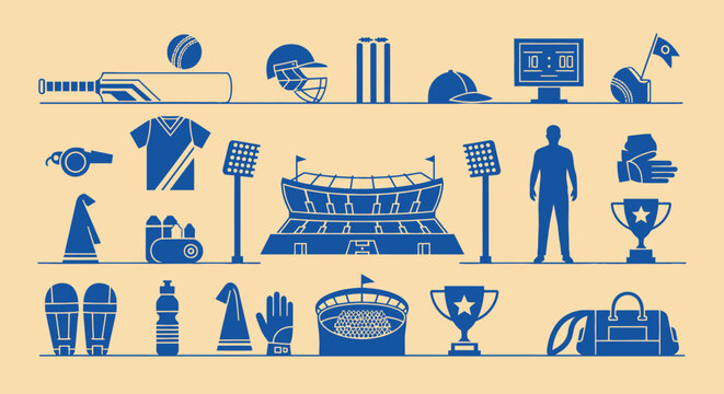 Cricket Sports Equipment and Stadium Icons Set