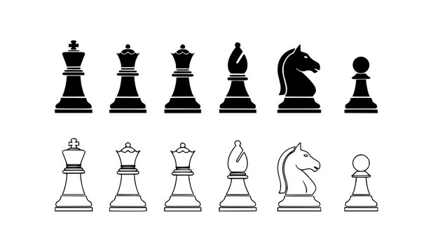 Chess pieces icon set king queen rook bishop knight pawn outline and silhouette vector